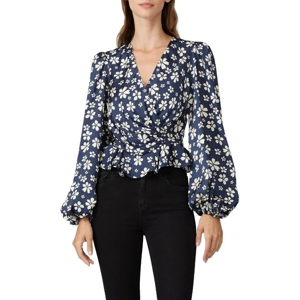 Jill Stuart Floral V-Neck Top in Marine 2 Womens Floral Blouse